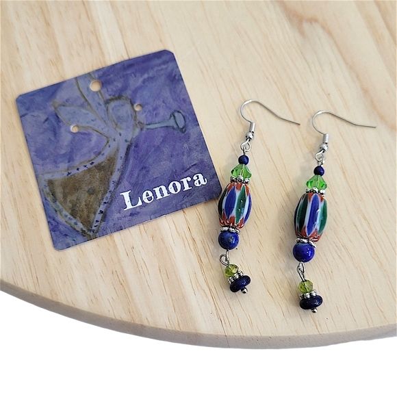 Hand Crafted Lampwork Lapis Earrings Beaded Dangle 2.5" Blue Green & Red Stripes - Picture 8 of 8